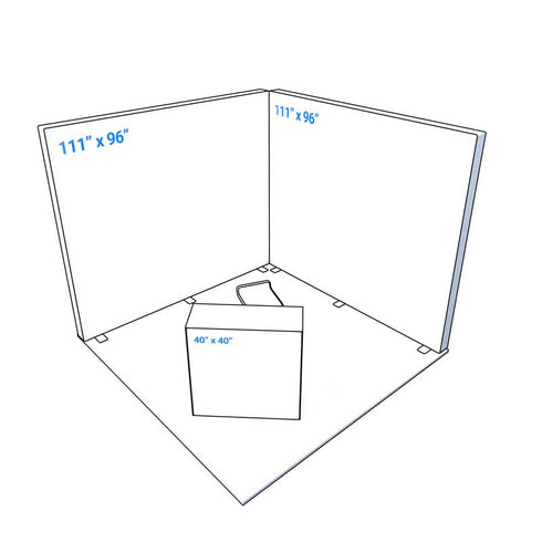 Top-down perspective of a trade show booth with two backdrop panels, each 111 inches by 96 inches, positioned at a 90-degree angle to form a corner. A counter measuring 40 inches by 40 inches is centrally placed in the booth.