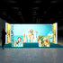 A frontal view of the Pixlip GO booth showcasing its cheerful and welcoming design. The backdrops highlight a golden retriever, cats, and an array of colorful pet care products. The counters are decorated with happy pet owners and products, creating an engaging presentation.