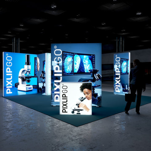 A well-lit exhibition booth with a focus on microscopy and technology, displaying microscopes, screens, and professional branding in a vibrant blue setting.