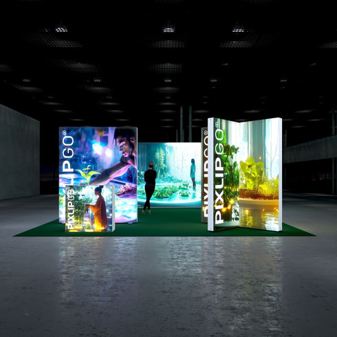A frontal view of a glowing exhibition stand showcasing nature-inspired designs with images of waterfalls, greenery, and a person caring for plants. The green carpet complements the natural theme, creating an inviting atmosphere.