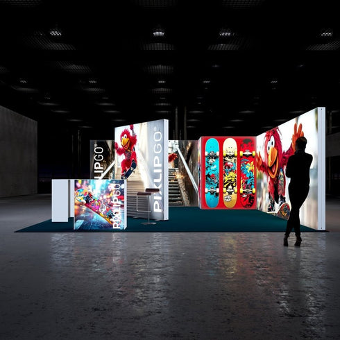 A vibrant exhibition booth setup with a large illuminated panel featuring a bright red character performing tricks on a skateboard on a staircase. The surrounding panels showcase skateboards and dynamic action shots, creating an energetic and playful atmosphere.