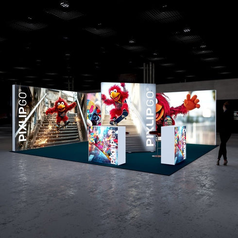 A front-facing view of a colorful trade show booth. The centerpiece features a red character skateboarding down stairs, with adjacent illuminated displays showcasing colorful skateboards and action shots, evoking a sense of movement and excitement.