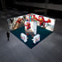 A bird’s-eye view of a lively exhibition booth. The setup features multiple illuminated panels with dynamic images of a red character skateboarding, surrounded by colorful skateboards and vibrant action-themed displays. The deep teal flooring adds contrast and depth to the vibrant design.