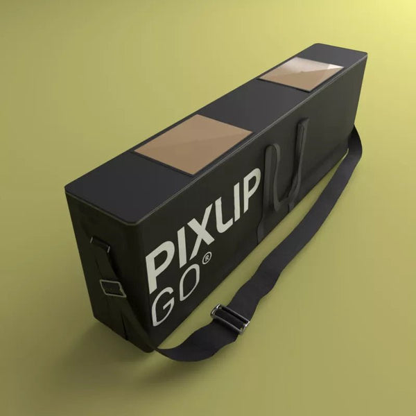Black PIXLIP GO transport bag with display components packed inside