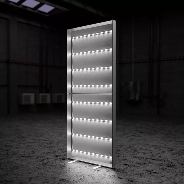 PIXLIP POP hardware frame with exposed LED lighting in a dark room